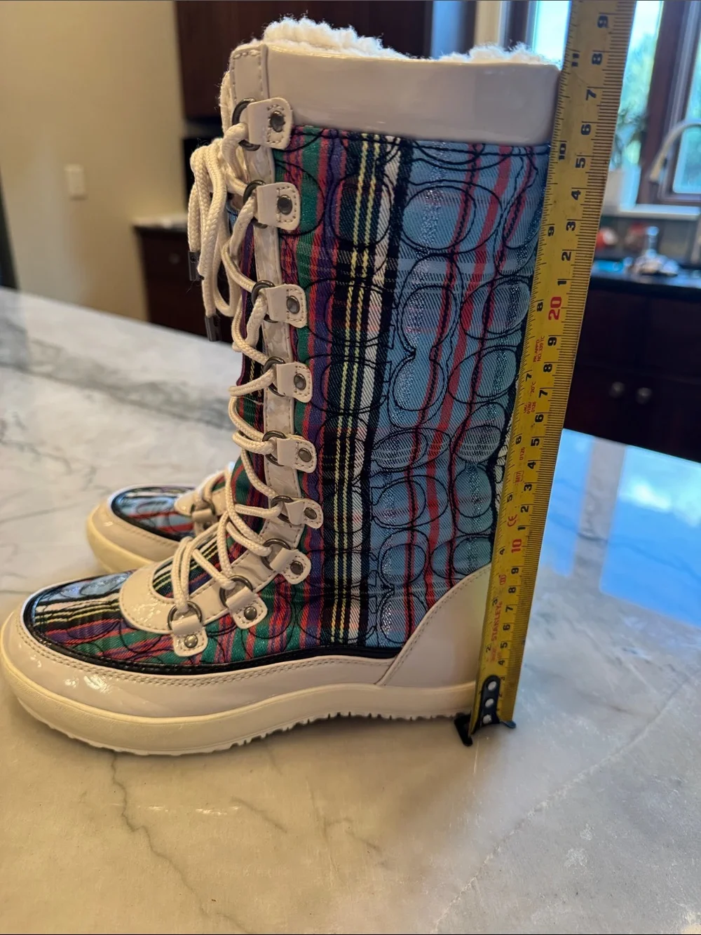 Coach Multicolor Striped Lace-Up Winter Boots with White Trim